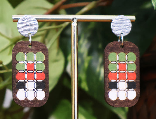 Burnt Wood Red Green White and Black Earrings - Silver