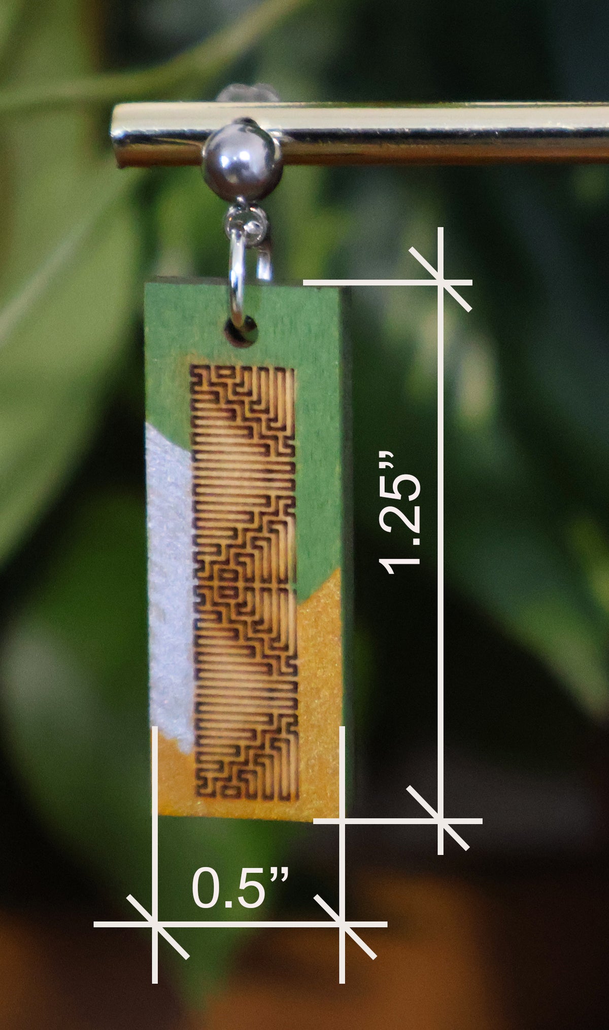 Burnt Wood Silver Green Rectangular Earrings