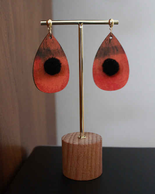 Orange with Black Pom Pom Teardrop Earrings