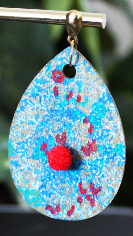 Filigree Patterned Blue Silver and Red Wood Teardrop Earrings