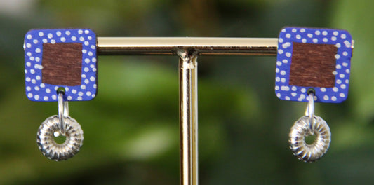Blue and White Polka Dots Wood Rectangular Earrings