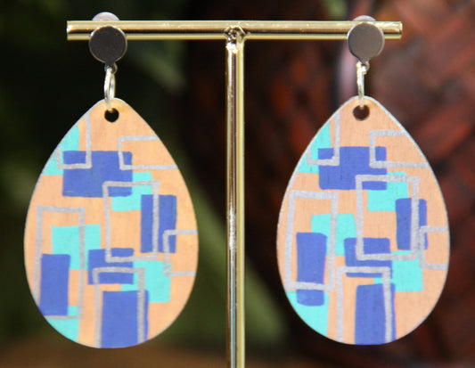 Geometric Blue and Silver Wood Teardrop Earrings