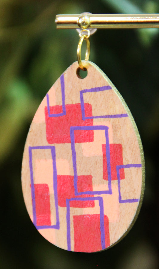 Red, Peach and Purple Wood Teardrop Earrings