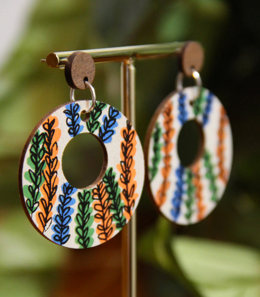Floral Green, Orange and Blue Circular Earrings