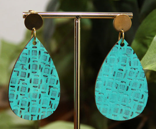 Teal Etched Burnt Wood Teardrop Earrings