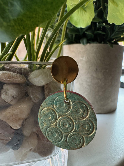 Etched Textured Gold with Blue undertones and Red Accent Earrings