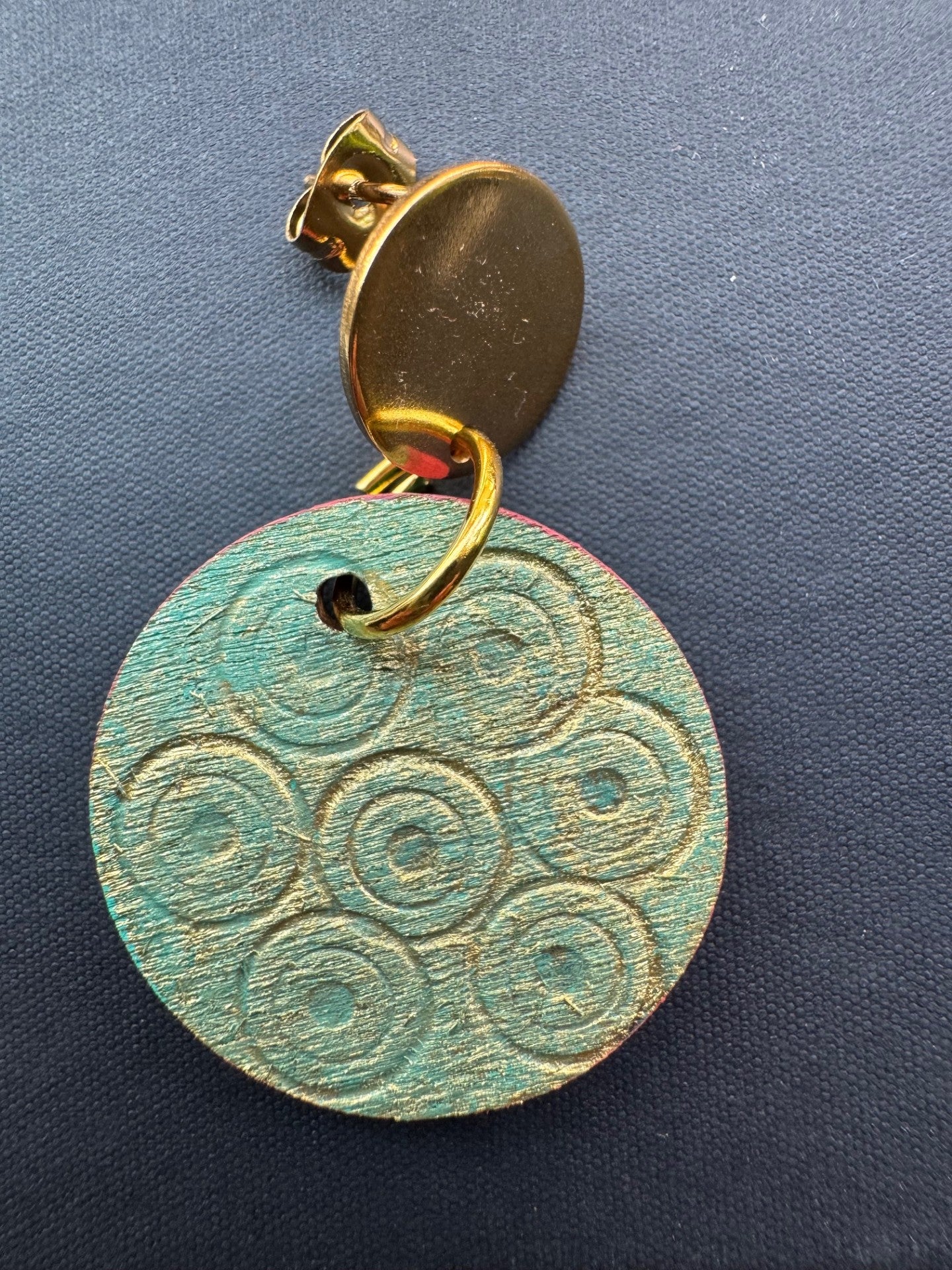 Etched Textured Gold with Blue undertones and Red Accent Earrings