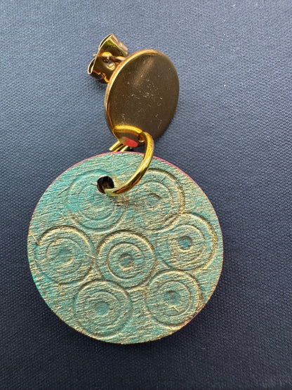 Etched Textured Gold with Blue undertones and Red Accent Earrings