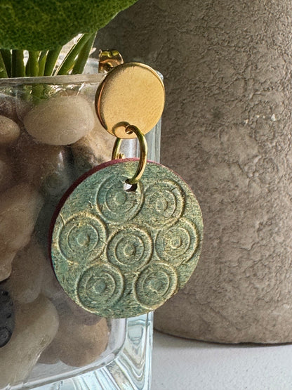Etched Textured Gold with Blue undertones and Red Accent Earrings