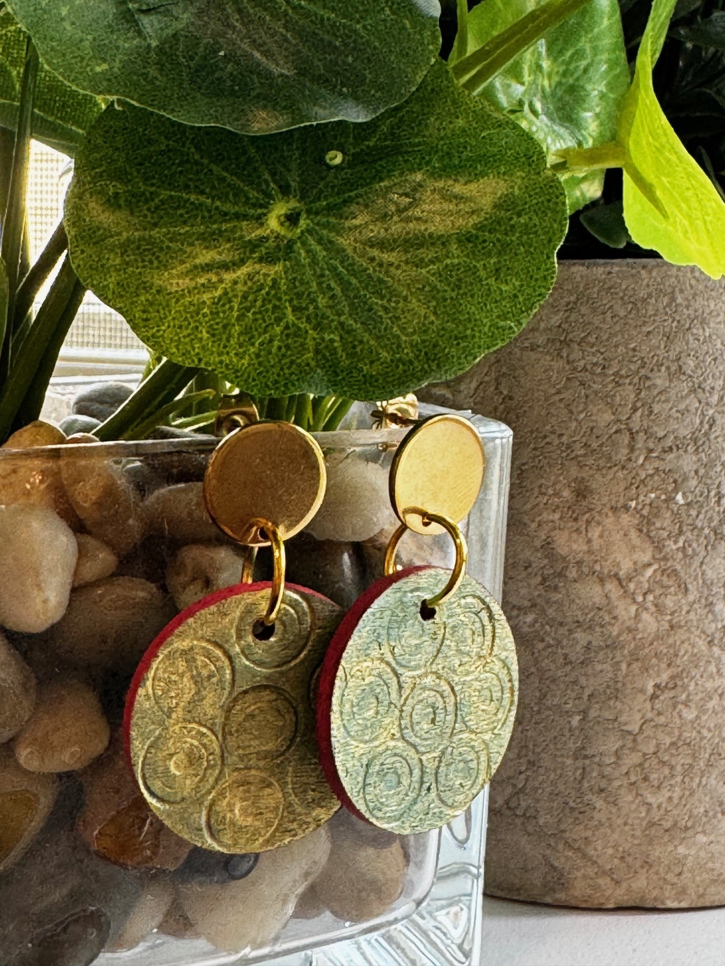Etched Textured Gold with Blue undertones and Red Accent Earrings