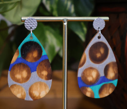 Blue Silver Burnt Wood Teardrop Earrings