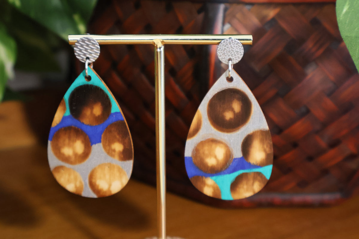 Blue Silver Burnt Wood Teardrop Earrings