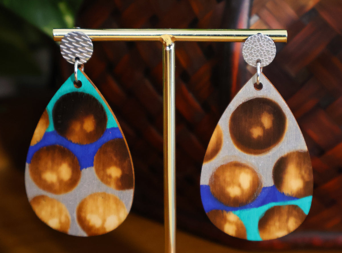 Blue Silver Burnt Wood Teardrop Earrings