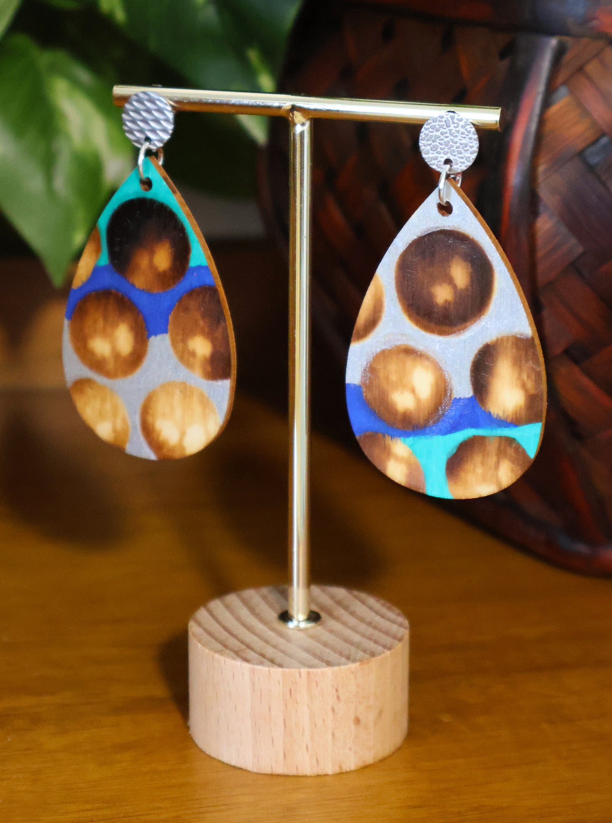 Blue Silver Burnt Wood Teardrop Earrings