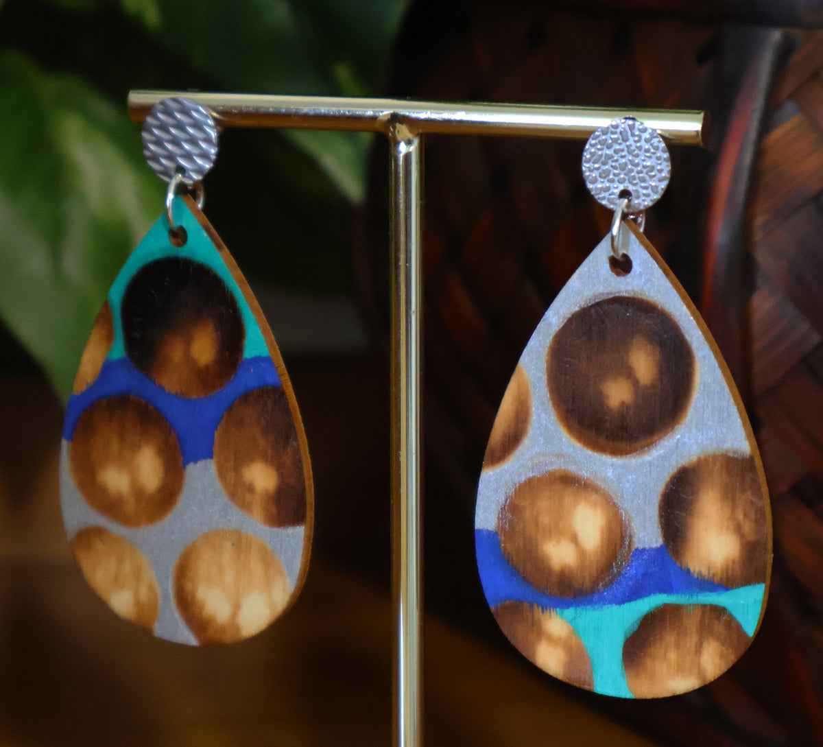 Blue Silver Burnt Wood Teardrop Earrings
