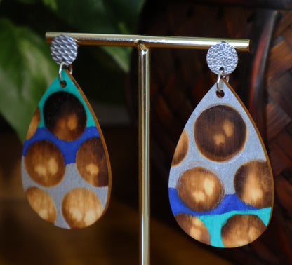 Blue Silver Burnt Wood Teardrop Earrings