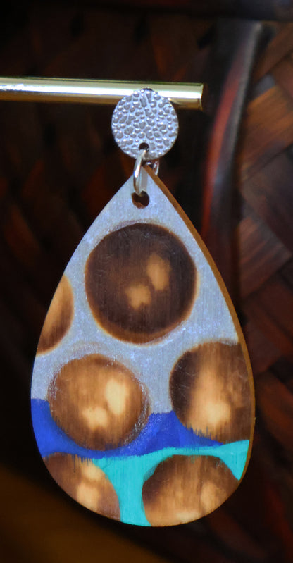 Blue Silver Burnt Wood Teardrop Earrings