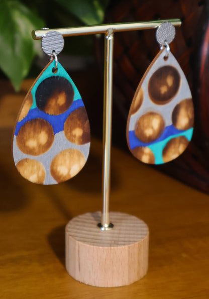 Blue Silver Burnt Wood Teardrop Earrings