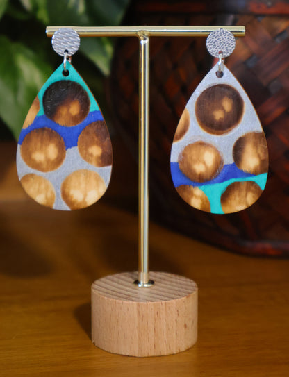 Blue Silver Burnt Wood Teardrop Earrings