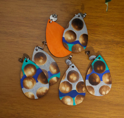 Blue Silver Burnt Wood Teardrop Earrings