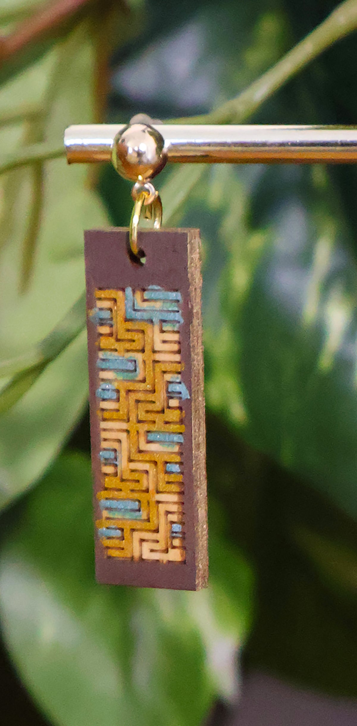 Burnt Wood Gold Turquoise Rectangular Earrings
