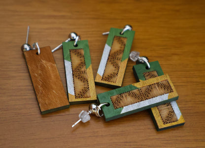 Burnt Wood Silver Green Rectangular Earrings