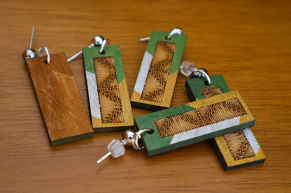 Burnt Wood Silver Green Rectangular Earrings