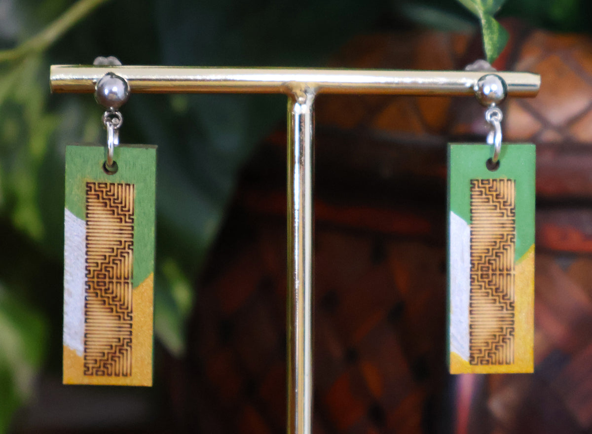 Burnt Wood Silver Green Rectangular Earrings