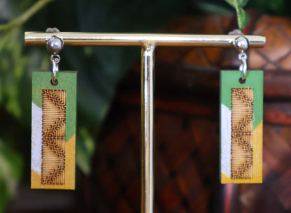 Burnt Wood Silver Green Rectangular Earrings