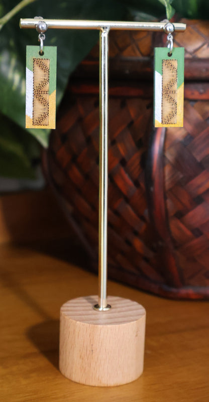 Burnt Wood Silver Green Rectangular Earrings