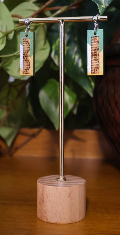 Burnt Wood Silver Green Rectangular Earrings
