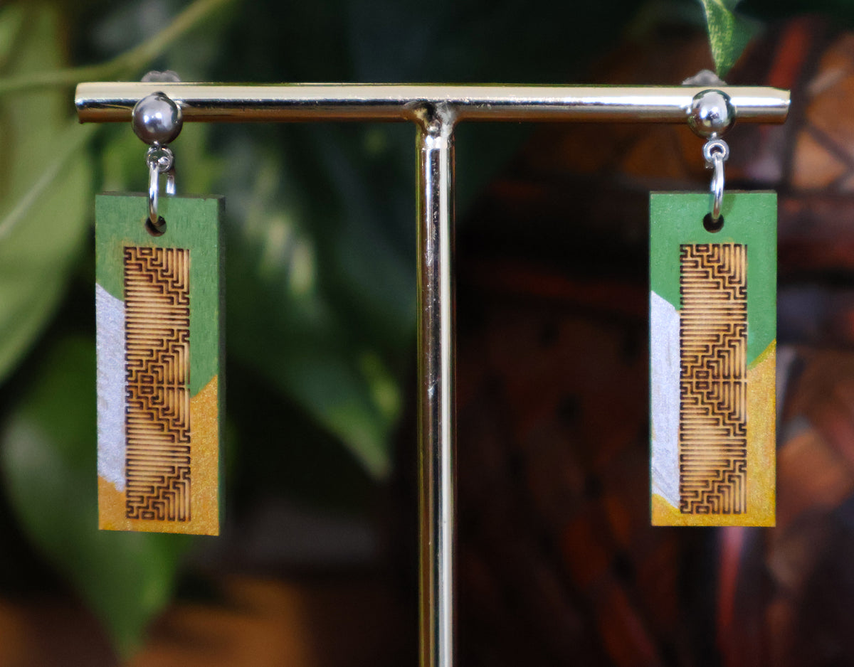 Burnt Wood Silver Green Rectangular Earrings