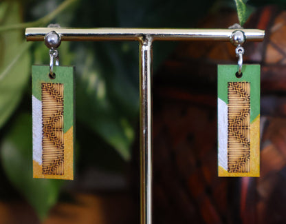 Burnt Wood Silver Green Rectangular Earrings