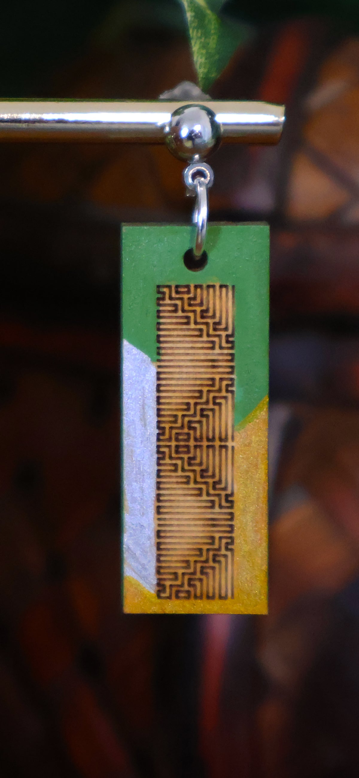 Burnt Wood Silver Green Rectangular Earrings