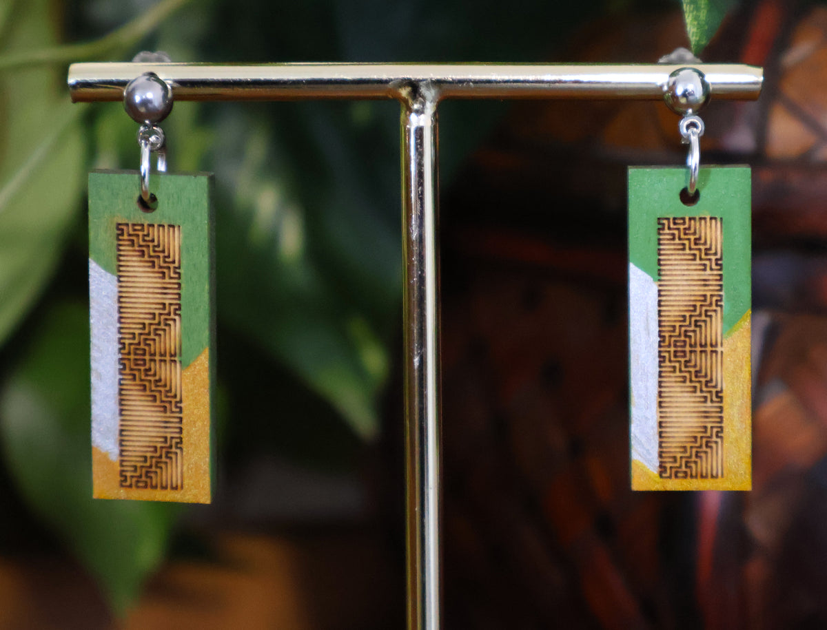 Burnt Wood Silver Green Rectangular Earrings