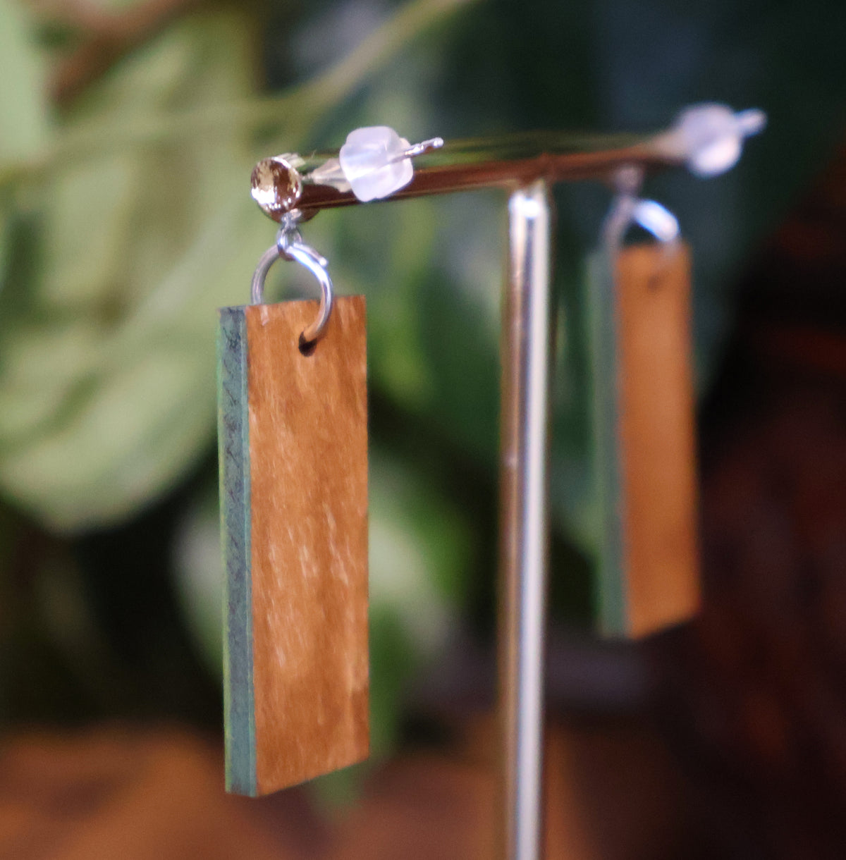 Burnt Wood Silver Green Rectangular Earrings