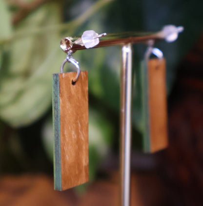 Burnt Wood Silver Green Rectangular Earrings
