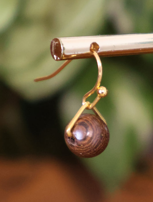 Small Gold and Wood Bead Hook Earrings