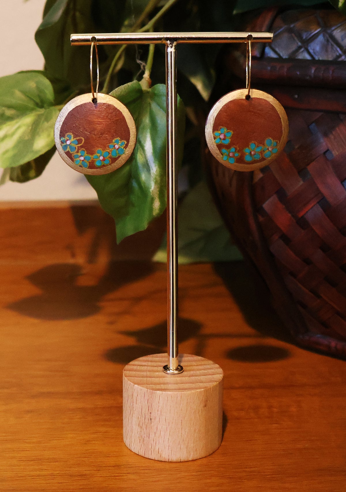 Gold & Teal Flowers Wood Hoop Earrings