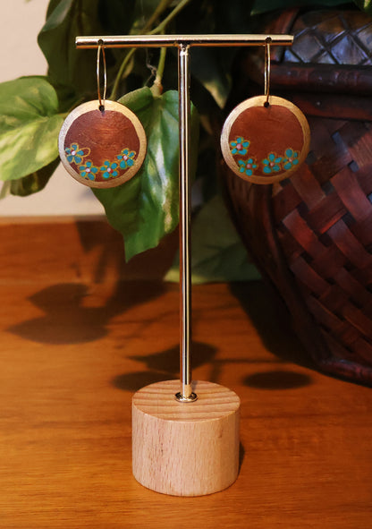 Gold & Teal Flowers Wood Hoop Earrings