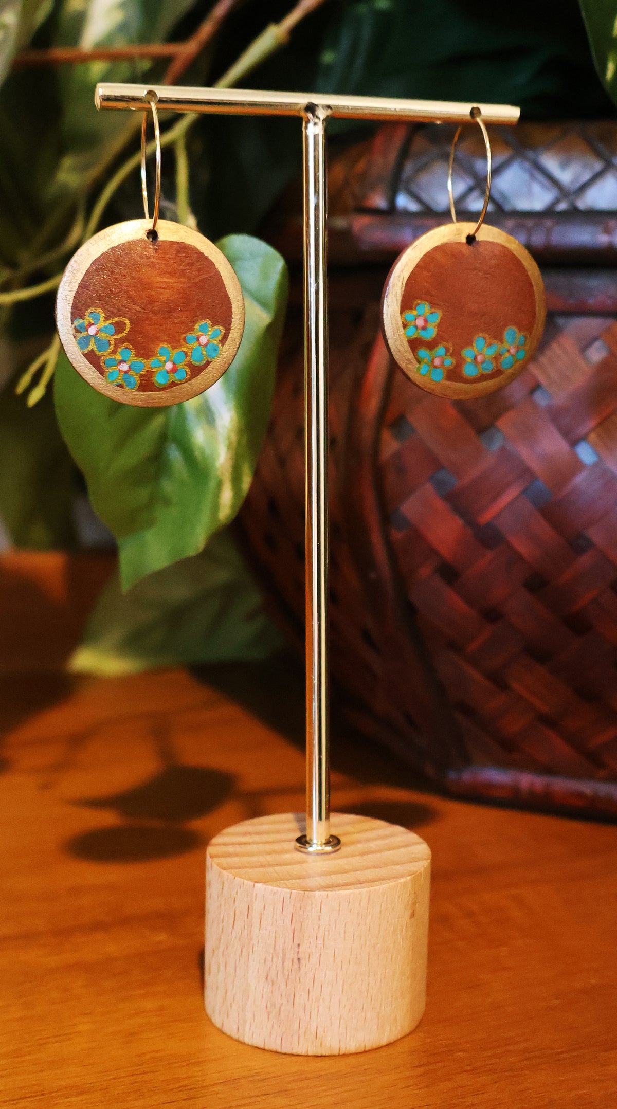 Gold & Teal Flowers Wood Hoop Earrings