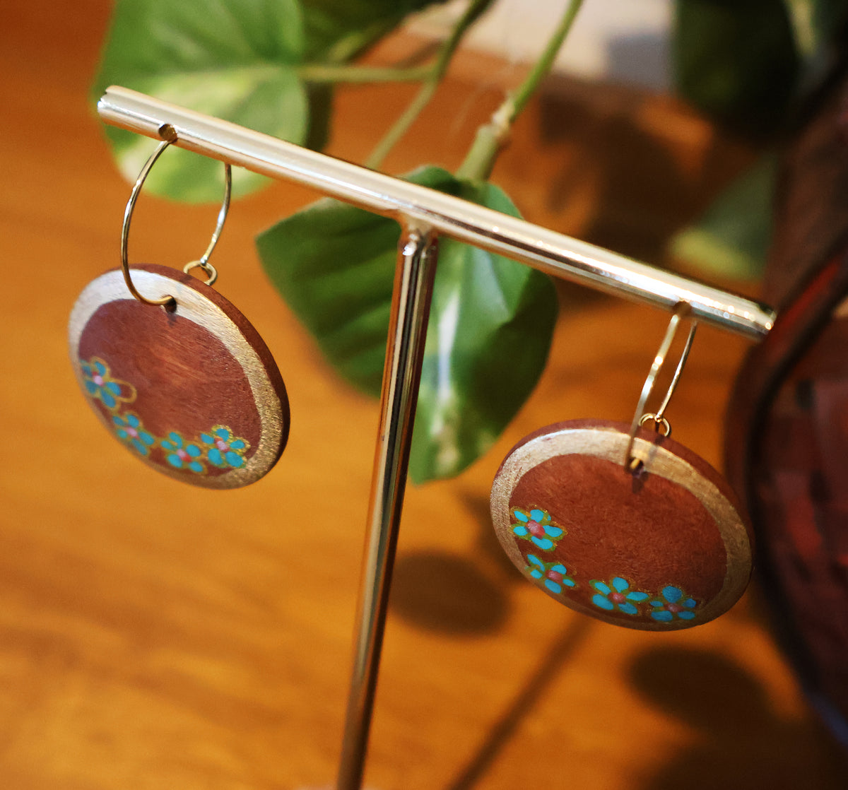 Gold & Teal Flowers Wood Hoop Earrings