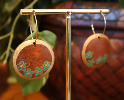 Gold & Teal Flowers Wood Hoop Earrings