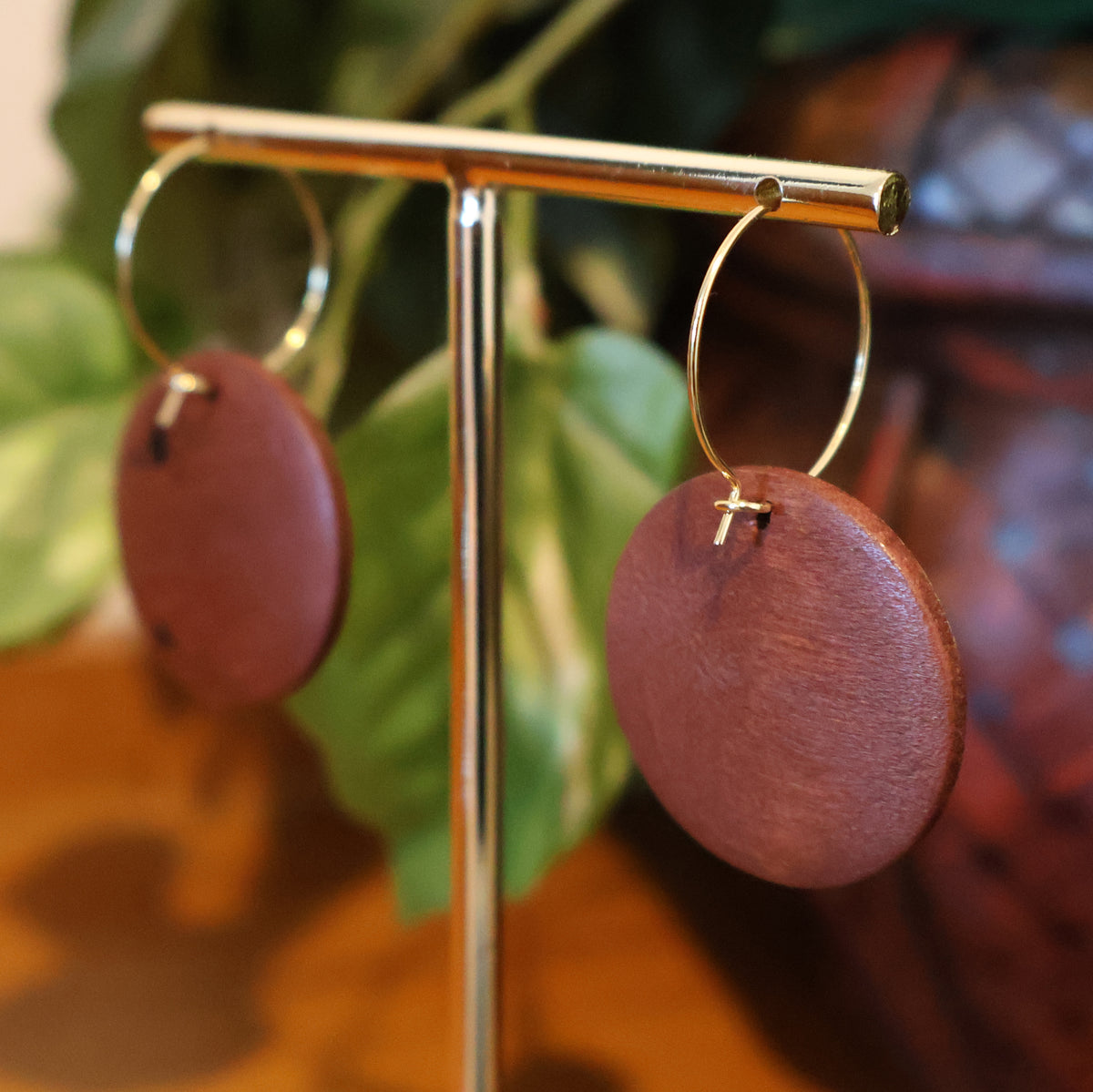 Gold & Teal Flowers Wood Hoop Earrings