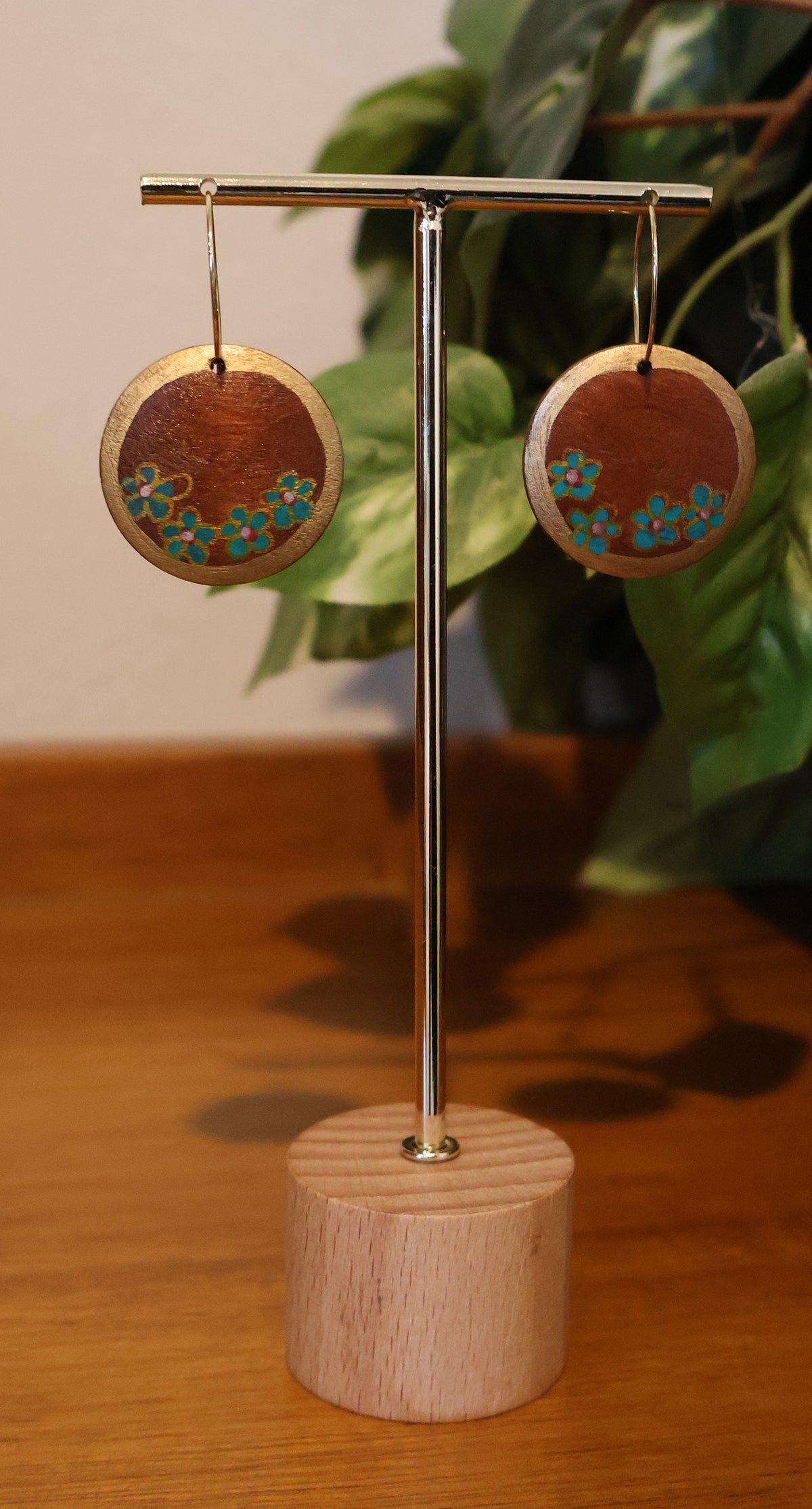 Gold & Teal Flowers Wood Hoop Earrings
