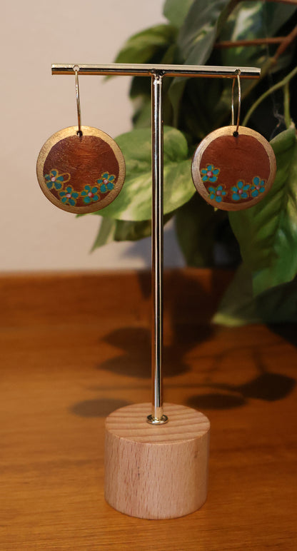 Gold & Teal Flowers Wood Hoop Earrings