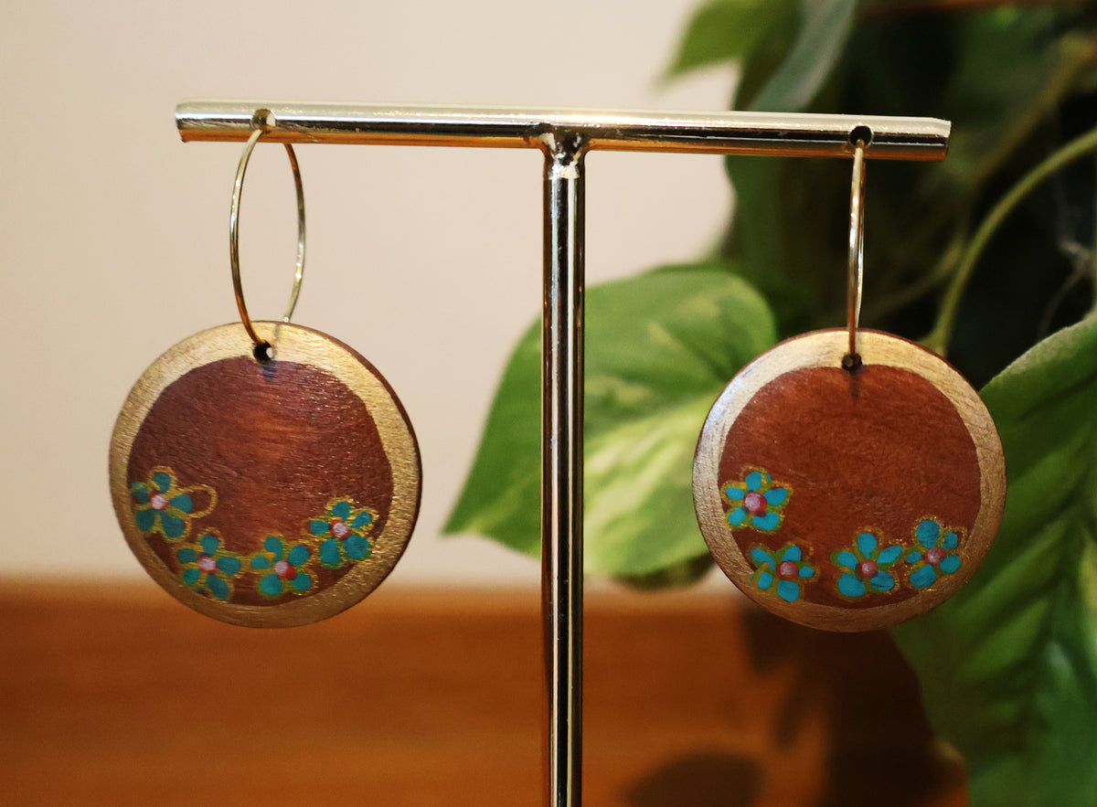 Gold & Teal Flowers Wood Hoop Earrings