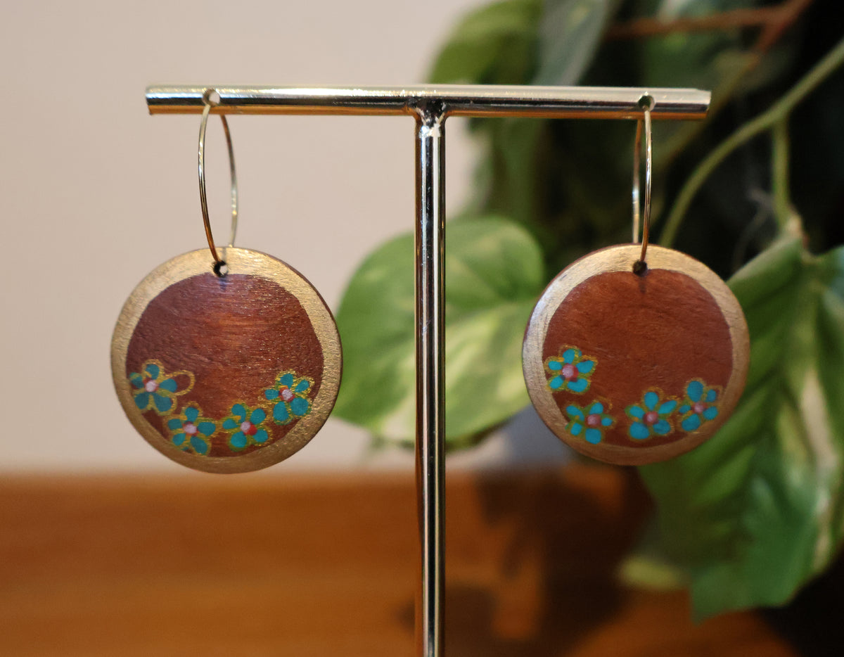 Gold & Teal Flowers Wood Hoop Earrings