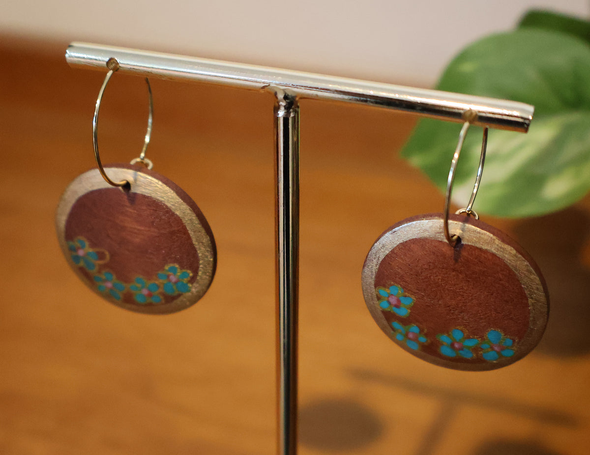 Gold & Teal Flowers Wood Hoop Earrings