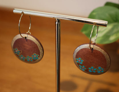 Gold & Teal Flowers Wood Hoop Earrings
